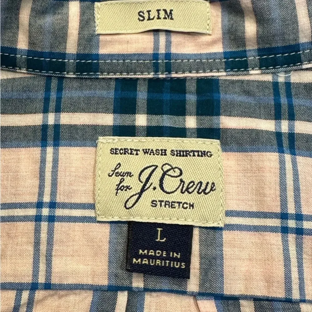 J Crew Mens Large Slim Long Sleeve Shirt in Pink and Blue Plaid Cotton Elastin